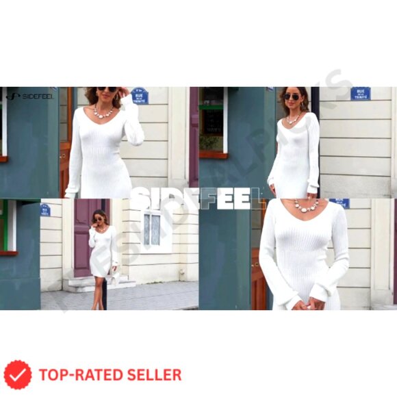 Ribbed Knit Sweater Dress Long Sleeve V Neck Bodycon Mini Dress - Picture 6 of 7